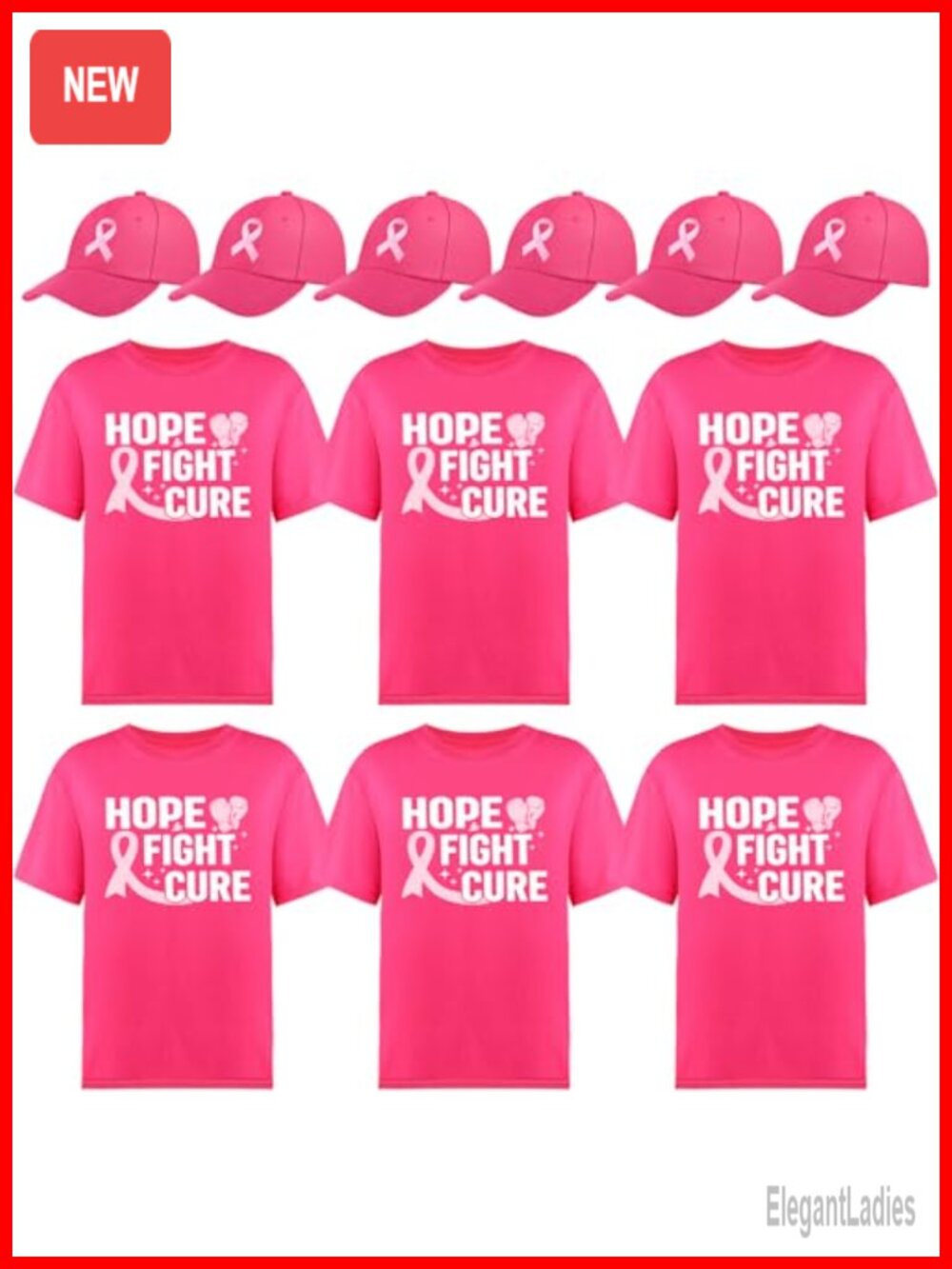 6 Breast Cancer Awareness T-Shirts & 6 Adjustable Hope Hats Set